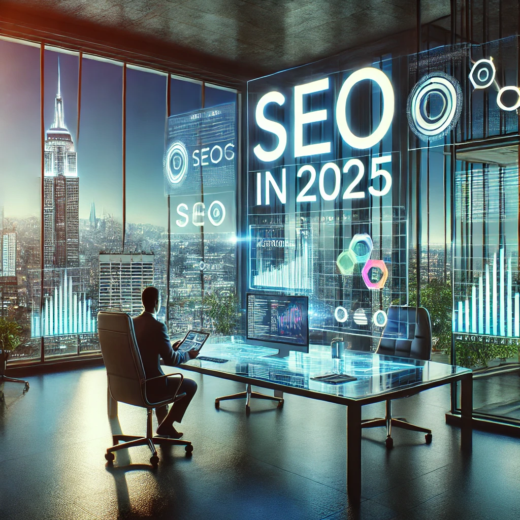 A professional digital marketer working in a futuristic office with floor-to-ceiling windows overlooking a cityscape of 2025. The workspace features advanced holographic displays showing analytics, graphs, keyword trends, and search results, embodying a vibrant and innovative atmosphere ideal for mastering modern seo in 2025 and its strategies.