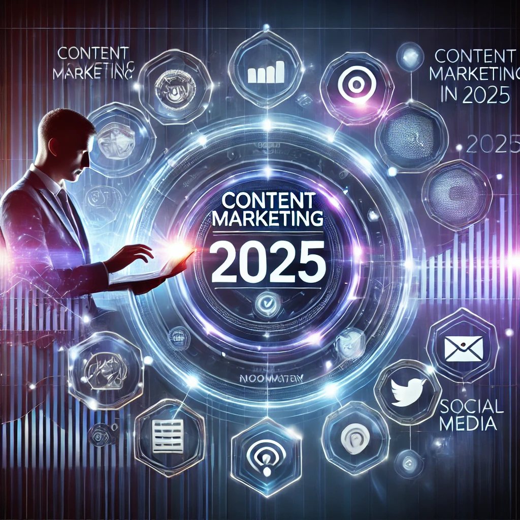 A modern and professional representation of content marketing in 2025, featuring a digital dashboard with analytics, a person using a tablet, social media icons, and a futuristic gradient background of blue and purple hues